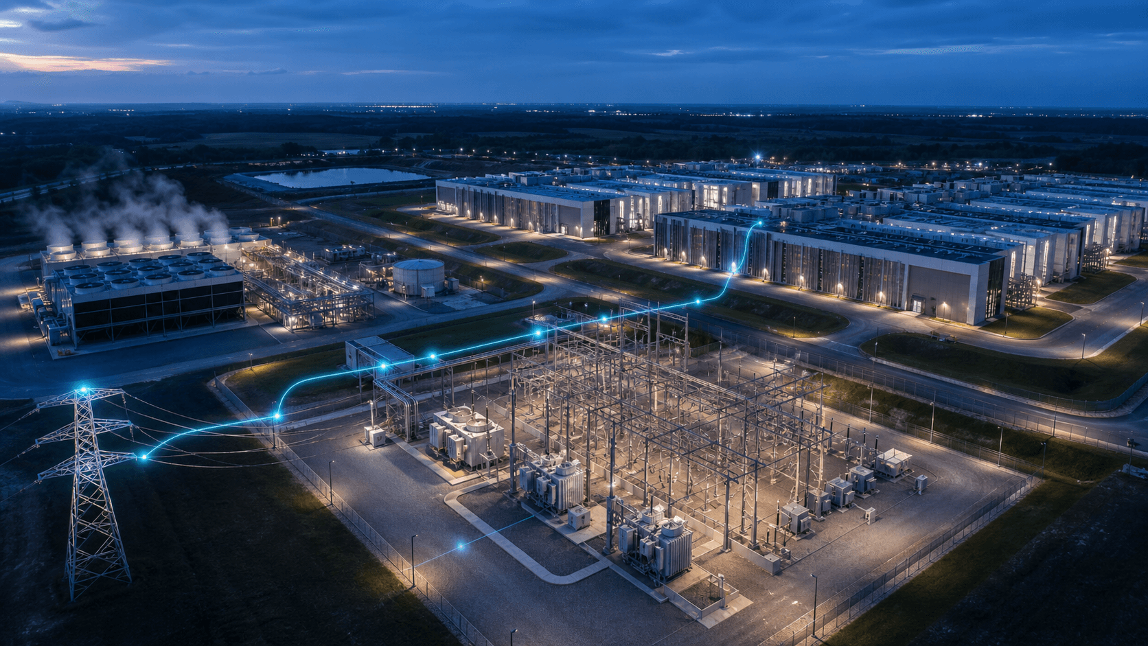 Data-center campus with electrical substation, transformers, cooling infrastructure and grid connection